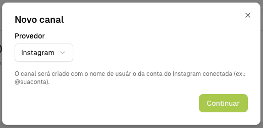 Modal de seleção de provedor com a opção Instagram