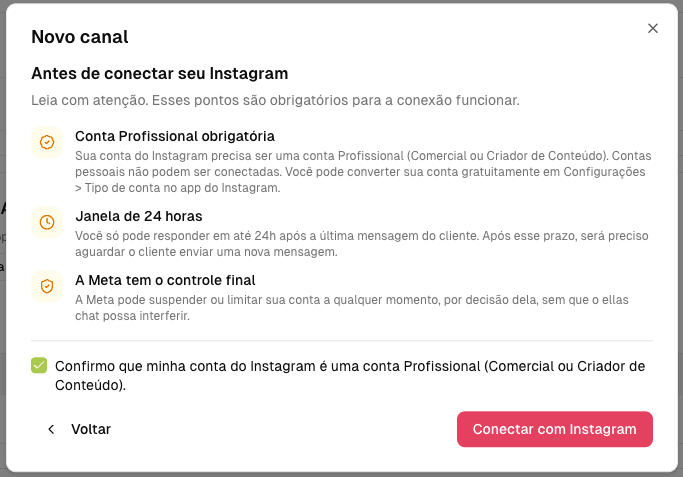 Aviso de que a conta precisa ser profissional, com confirmação do cliente