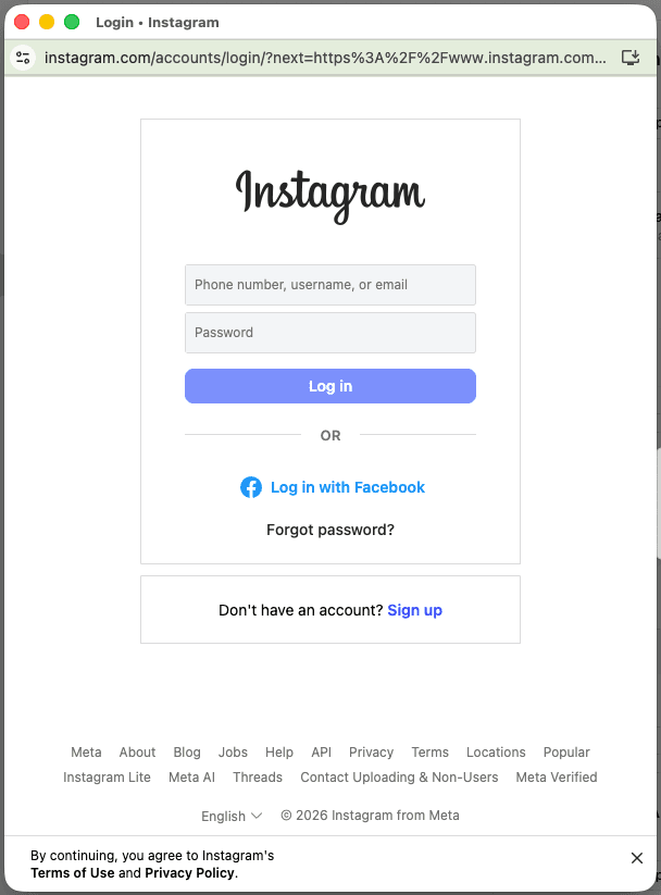 Popup de autorização OAuth da Meta para conectar o Instagram