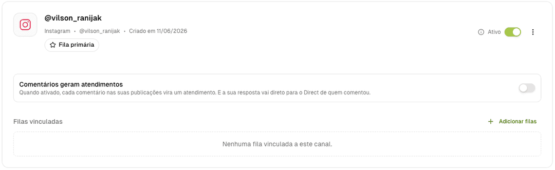 Tela de Configurações > Canais com o canal Instagram conectado aparecendo