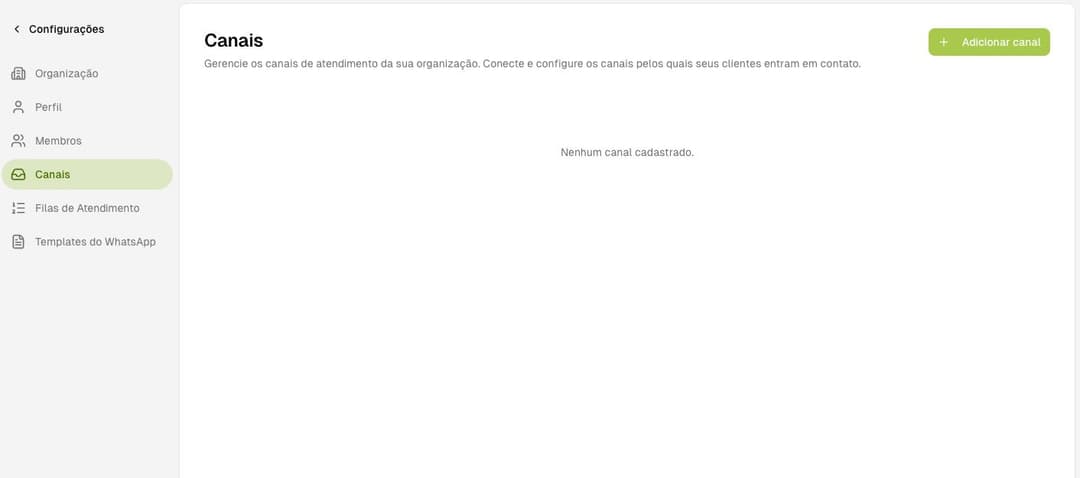 Tela de Configurações > Canais no ellas chat