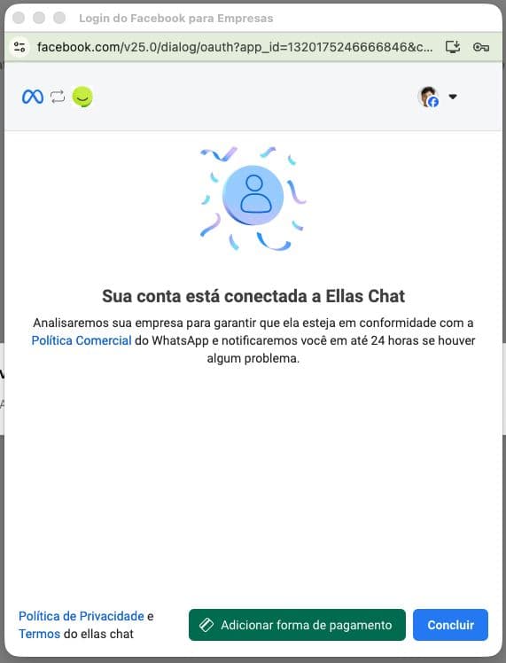 Popup da Meta confirmando que o número foi conectado com sucesso