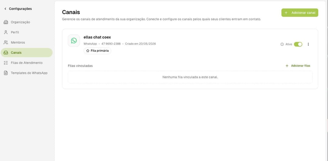 Tela de Configurações > Canais com o canal WhatsApp conectado aparecendo