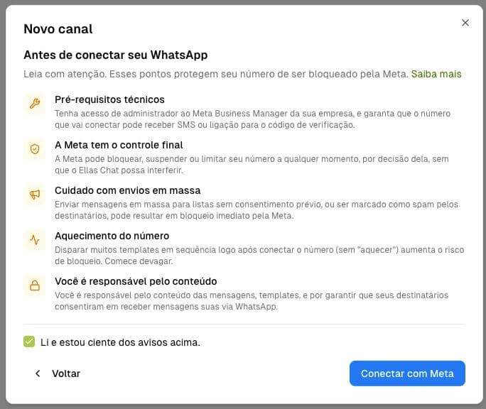 Tela de avisos antes de conectar com o checkbox marcado