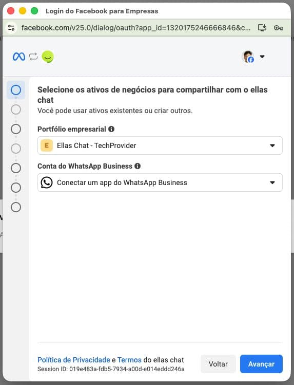 Popup da Meta com o Business Portfolio selecionado e opção de conectar WhatsApp Business
